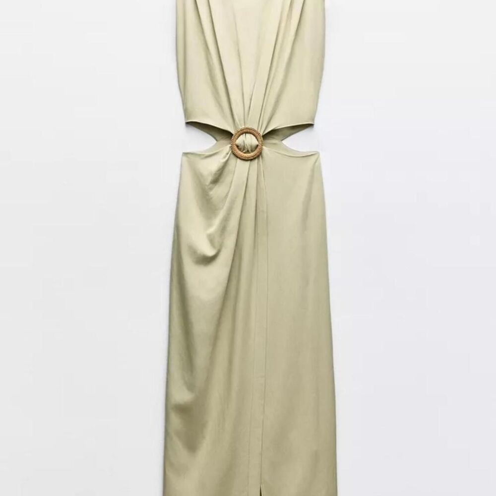 ZARA CUT OUT MIDI DRESS WITH RING DETAIL IN SAGE GREEN